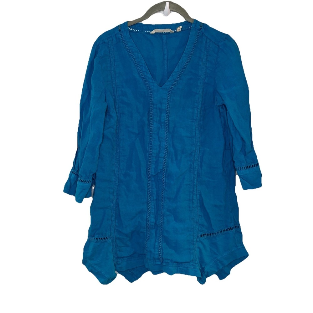 Soft Surroundings Linen Eyelet Tunic Top Blue Beachy Boho Coastal Size XS